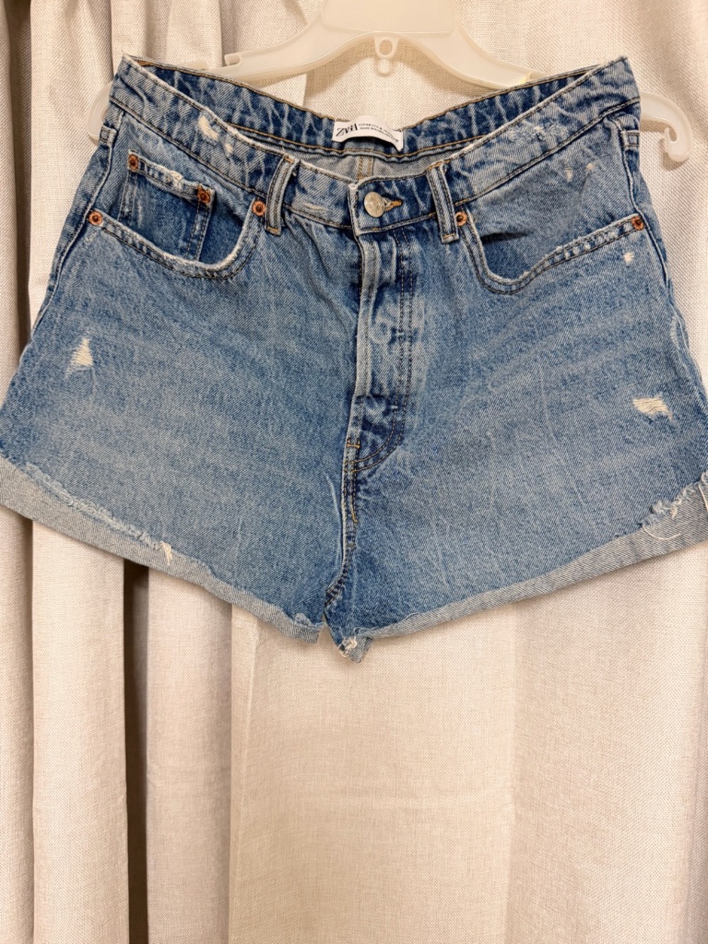 ZARA Light Blue Distressed High-Waist Denim Shorts